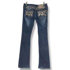 Y2K Miss Me Distressed Rhinestone Sequin Bootcut Jeans Sz. 27x32 Dark Indigo